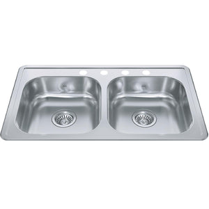 KINDRED RDLA3319-6-4CBN Creemore 32.94-in LR x 18.31-in FB x 6-in DP Drop In Double Bowl 4-Hole Stainless Steel Sink In Commercial Satin Finish