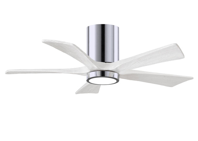 Matthews Fan IR5HLK-CR-MWH-42 IR5HLK five-blade flush mount paddle fan in Polished Chrome finish with 42” solid matte white wood blades and integrated LED light kit.