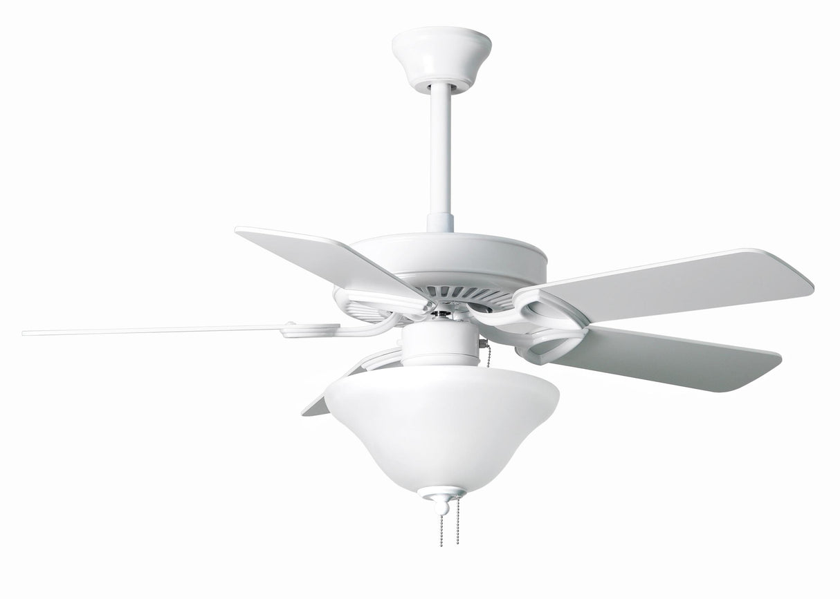 Matthews Fan AM-TW-WH-42-LK America 3-speed ceiling fan in gloss white finish with 42" white blades and light kit (2 x GU24 Socket). Made in Taiwan