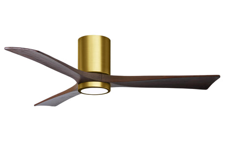 Matthews Fan IR3HLK-BRBR-WA-52 Irene-3HLK three-blade flush mount paddle fan in Brushed Brass finish with 52” solid walnut tone blades and integrated LED light kit.
