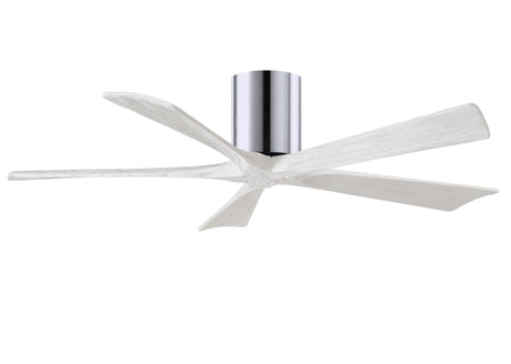 Matthews Fan IR5H-CR-MWH-52 Irene-5H five-blade flush mount paddle fan in Polished Chrome finish with 52” solid matte white wood blades. 