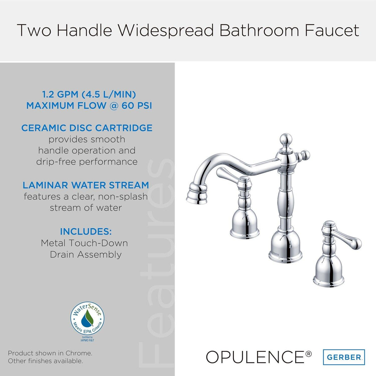 Gerber D303257 Chrome Opulence Two Handle Widespread Lavatory Faucet
