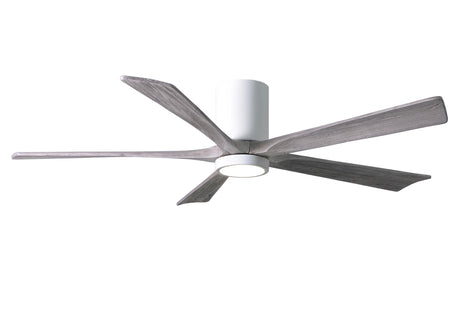 Matthews Fan IR5HLK-WH-BW-60 IR5HLK five-blade flush mount paddle fan in Gloss White finish with 60” solid barn wood tone blades and integrated LED light kit.