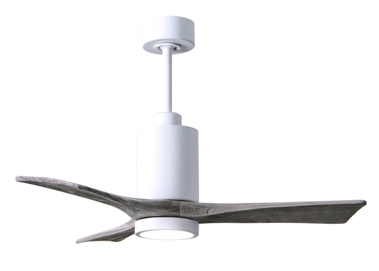 Matthews Fan PA3-WH-BW-42 Patricia-3 three-blade ceiling fan in Gloss White finish with 42” solid barn wood tone blades and dimmable LED light kit 
