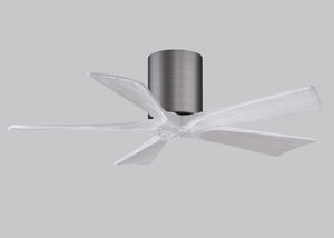 Matthews Fan IR5H-BP-MWH-42 Irene-5H five-blade flush mount paddle fan in Brushed Pewter finish with 42” solid matte white wood blades. 