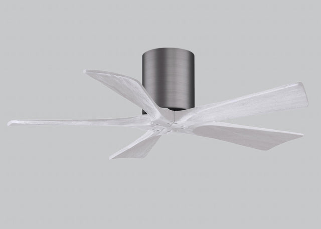 Matthews Fan IR5H-BP-MWH-42 Irene-5H five-blade flush mount paddle fan in Brushed Pewter finish with 42” solid matte white wood blades. 