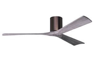 Matthews Fan IR3H-BB-BW-60 Irene-3H three-blade flush mount paddle fan in Brushed Bronze finish with 60” solid barn wood tone blades. 