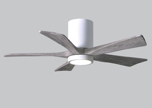Matthews Fan IR5HLK-WH-BW-42 IR5HLK five-blade flush mount paddle fan in Gloss White finish with 42” solid barn wood tone blades and integrated LED light kit.