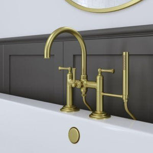 Pfister Brushed Gold Deck Mount 2-handle Tub Filler With Hand Shower LG6-2TBBG