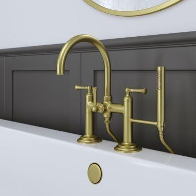 Pfister Brushed Gold Deck Mount 2-handle Tub Filler With Hand Shower LG6-2TBBG