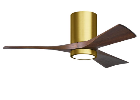 Matthews Fan IR3HLK-BRBR-WA-42 Irene-3HLK three-blade flush mount paddle fan in Brushed Brass finish with 42” solid walnut tone blades and integrated LED light kit.