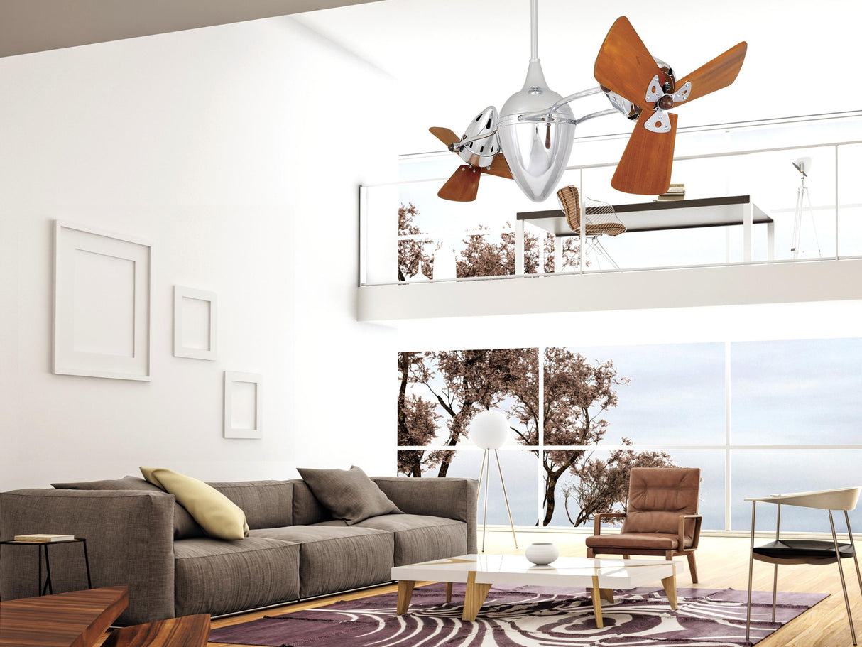 Matthews Fan AR-CR-WD Ar Ruthiane 360° dual headed rotational ceiling fan in polished chrome finish with solid sustainable mahogany wood blades.