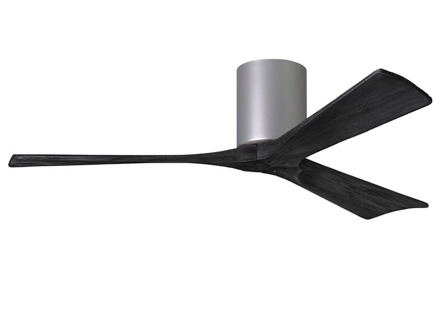 Matthews Fan IR3H-BN-BK-52 Irene-3H three-blade flush mount paddle fan in Brushed Nickel finish with 52” solid matte black wood blades. 