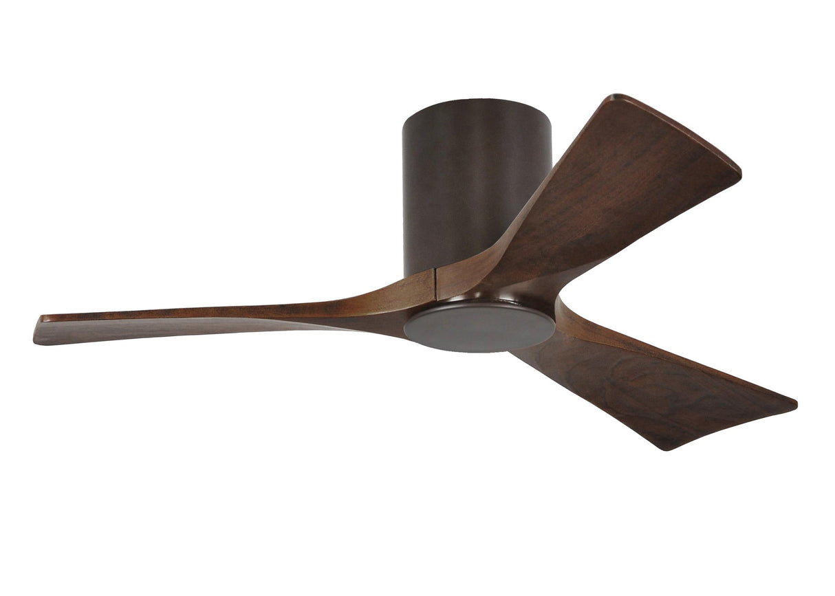 Matthews Fan IR3HLK-TB-WA-42 Irene-3HLK three-blade flush mount paddle fan in Textured Bronze finish with 42” solid walnut tone blades and integrated LED light kit.