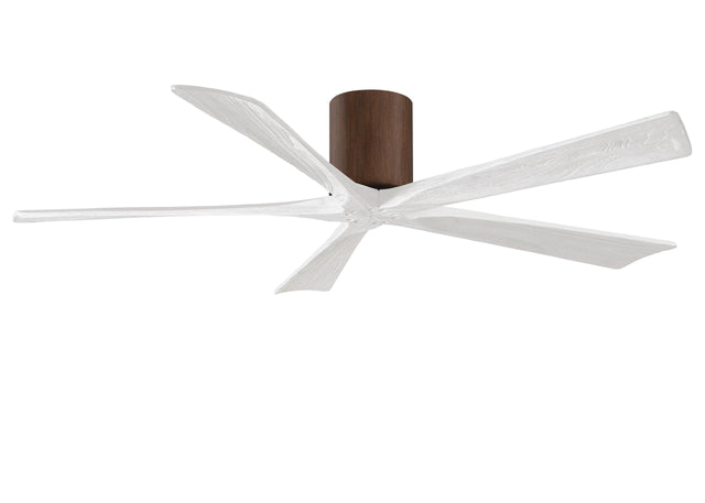 Matthews Fan IR5H-WN-MWH-60 Irene-5H five-blade flush mount paddle fan in Walnut finish with 60” solid matte white wood blades. 