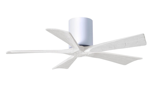 Matthews Fan IR5H-WH-MWH-42 Irene-5H five-blade flush mount paddle fan in Gloss White finish with 42” solid matte white wood blades. 