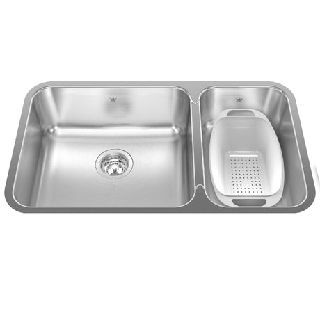 KINDRED QCUA1831R-8N Steel Queen 30.88-in LR x 17.75-in FB x 8-in DP Undermount Double Bowl Stainless Steel Kitchen Sink In Satin Finished Bowls with Silk Finished Rim