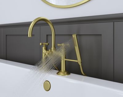 Pfister Brushed Gold Deck Mount 2-handle Tub Filler With Hand Shower LG6-2TBBG