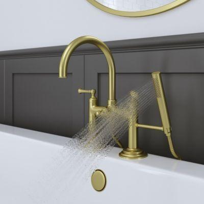 Pfister Brushed Gold Deck Mount 2-handle Tub Filler With Hand Shower LG6-2TBBG