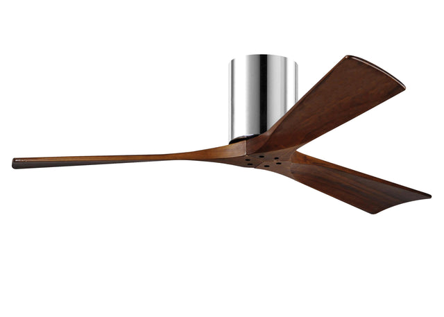 Matthews Fan IR3H-CR-WA-52 Irene-3H three-blade flush mount paddle fan in Polished Chrome finish with 52” solid walnut tone blades. 