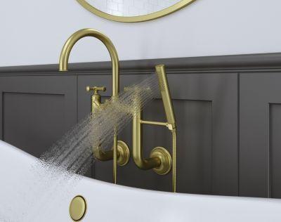 Pfister Brushed Gold Wall Mount 2-handle Tub Filler With Hand Shower LG6-3TBBG