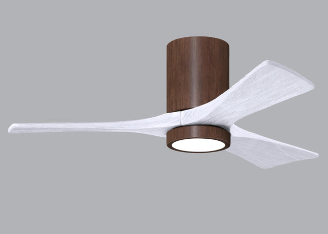 Matthews Fan IR3HLK-WN-MWH-42 Irene-3HLK three-blade flush mount paddle fan in Walnut finish with 42” solid matte white wood blades and integrated LED light kit.