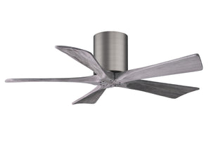 Matthews Fan IR5H-BP-BW-42 Irene-5H five-blade flush mount paddle fan in Brushed Pewter finish with 42” solid barn wood tone blades. 