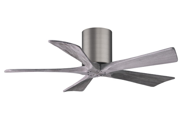Matthews Fan IR5H-BP-BW-42 Irene-5H five-blade flush mount paddle fan in Brushed Pewter finish with 42” solid barn wood tone blades. 