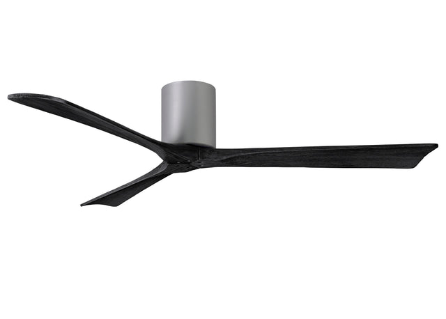 Matthews Fan IR3H-BN-BK-60 Irene-3H three-blade flush mount paddle fan in Brushed Nickel finish with 60” solid matte black wood blades. 
