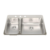 KINDRED QCLA2031L-8-3N Steel Queen 31.25-in LR x 20.5-in FB x 8-in DP Drop In Double Bowl 3-Hole Stainless Steel Kitchen Sink In Satin Finished Bowls with Mirror Finished Rim