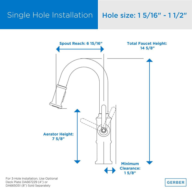 Gerber D150537BS Satin Black Kinzie Single Handle Pull-down Prep Faucet