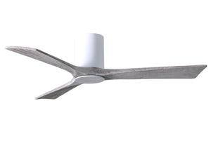 Matthews Fan IR3HLK-WH-BW-52 Irene-3HLK three-blade flush mount paddle fan in Gloss White finish with 52” solid barn wood tone blades and integrated LED light kit.