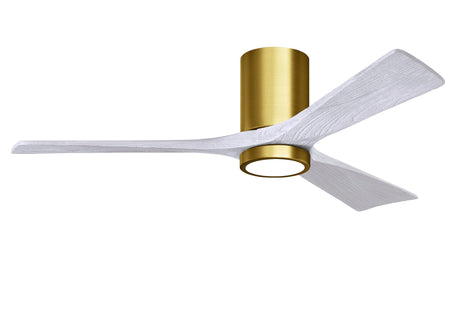 Matthews Fan IR3HLK-BRBR-MWH-52 Irene-3HLK three-blade flush mount paddle fan in Brushed Brass finish with 52” solid matte white wood blades and integrated LED light kit.