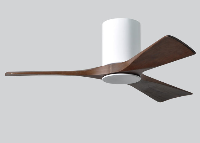 Matthews Fan IR3HLK-WH-WA-42 Irene-3HLK three-blade flush mount paddle fan in Gloss White finish with 42” solid walnut tone blades and integrated LED light kit.