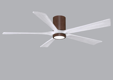 Matthews Fan IR5HLK-WN-MWH-60 IR5HLK five-blade flush mount paddle fan in Walnut finish with 60” solid matte white wood blades and integrated LED light kit.