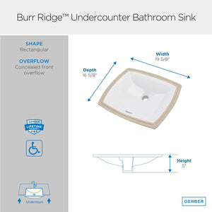Gerber G0013760 White Burr Ridge Undercounter 19 5/8" X 16 5/8" Rectangular BAT...