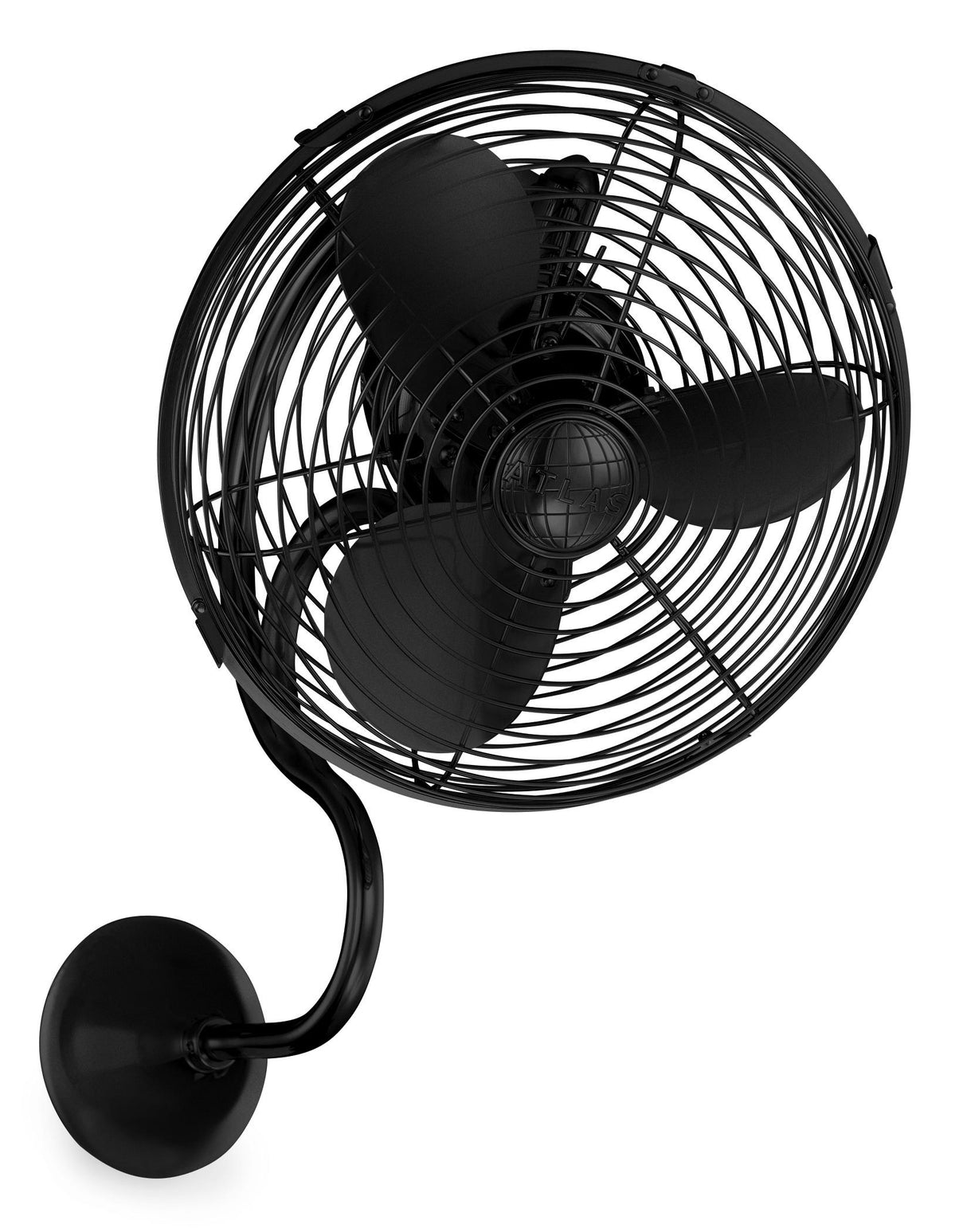 Matthews Fan ME-BK Melody 3-speed oscillating wall-mounted Art Nouveau style fan in matte black finish.