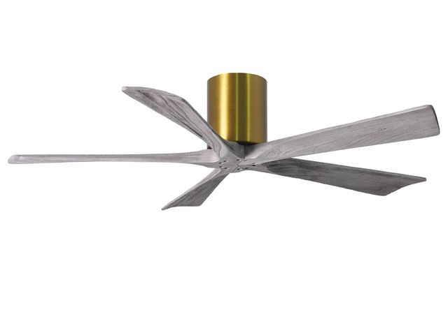 Matthews Fan IR5H-BRBR-BW-52 Irene-5H five-blade flush mount paddle fan in Brushed Brass finish with 52” solid barn wood tone blades. 