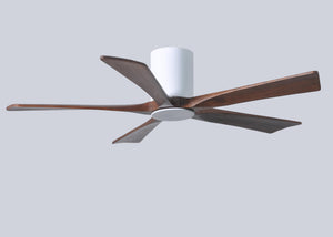Matthews Fan IR5HLK-WH-WA-52 IR5HLK five-blade flush mount paddle fan in Gloss White finish with 52” solid walnut tone blades and integrated LED light kit.
