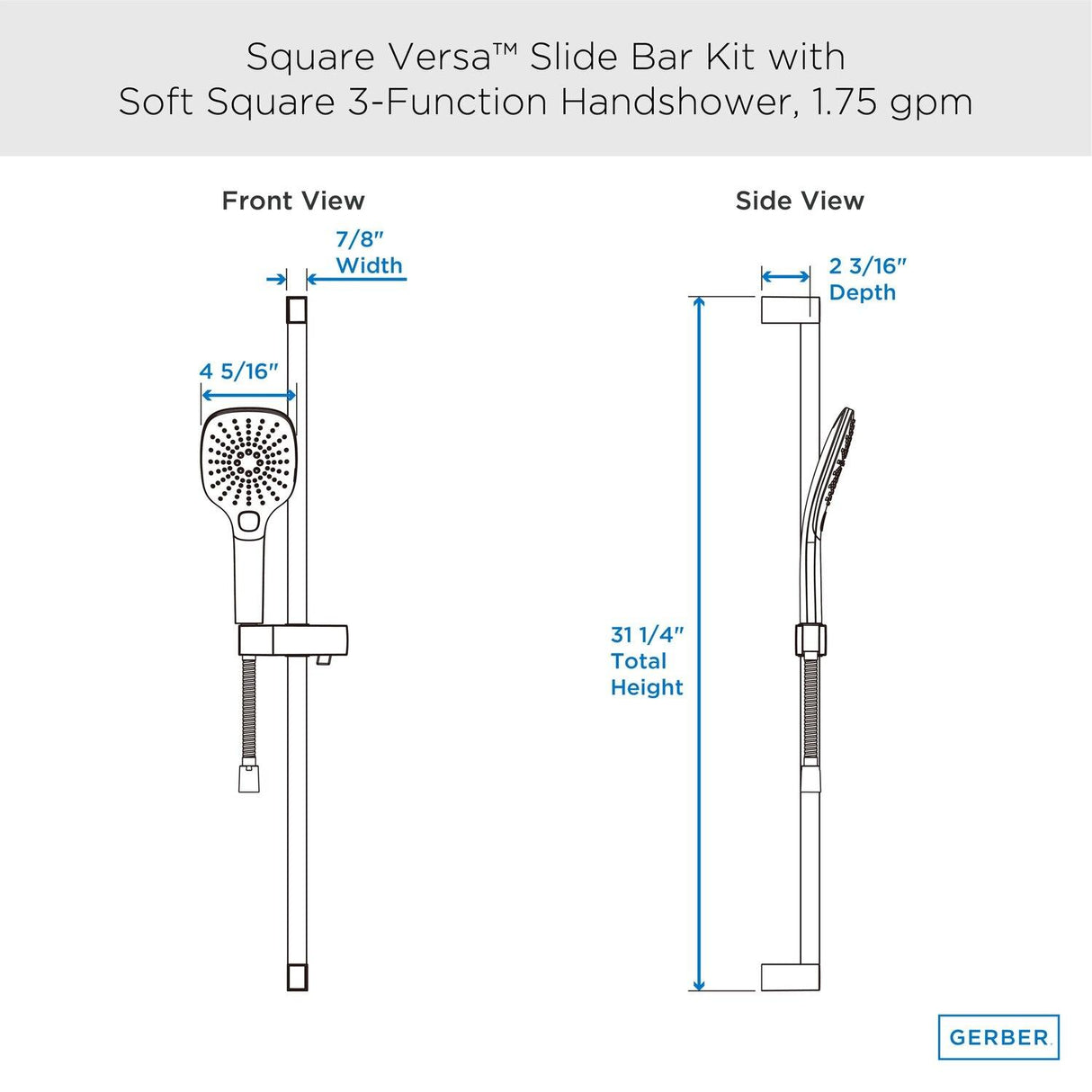 Gerber D461738BB Versa Square 30" Slide Bar Assembly With Soft Square 3-FUNCTION...