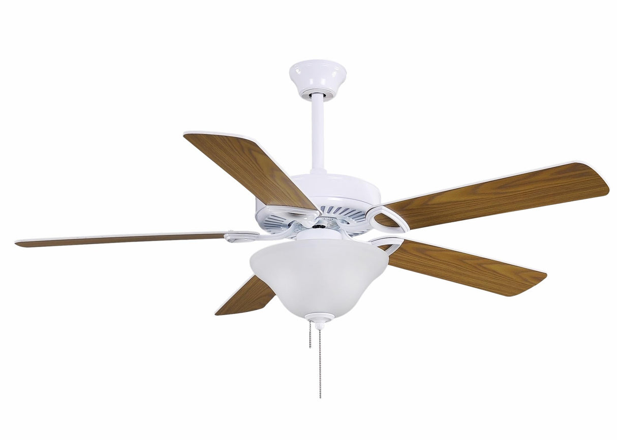 Matthews Fan AM-TW-WH-52-LK America 3-speed ceiling fan in gloss white finish with 52" white blades and light kit (2 x GU24 Socket). Made in Taiwan