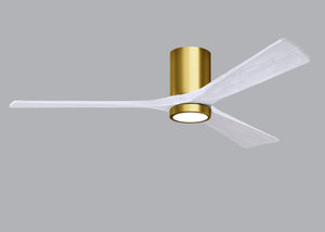Matthews Fan IR3HLK-BRBR-MWH-60 Irene-3HLK three-blade flush mount paddle fan in Brushed Brass finish with 60” solid matte white wood blades and integrated LED light kit.