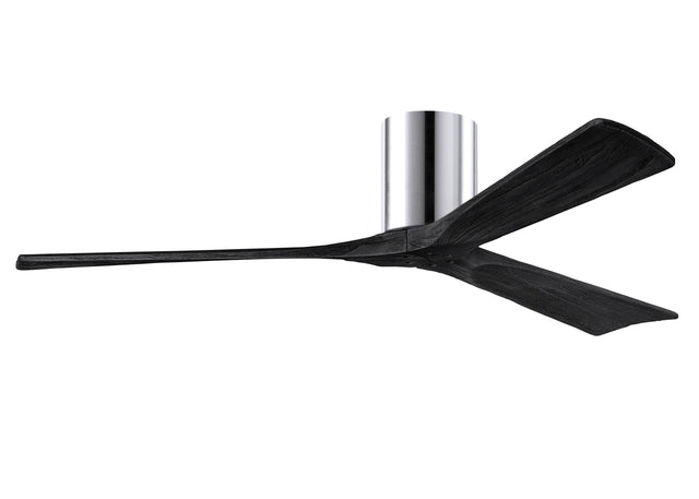 Matthews Fan IR3H-CR-BK-60 Irene-3H three-blade flush mount paddle fan in Polished Chrome finish with 60” solid matte black wood blades. 