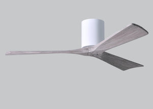Matthews Fan IR3H-WH-BW-52 Irene-3H three-blade flush mount paddle fan in Gloss White finish with 52” solid barn wood tone blades. 