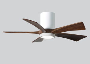 Matthews Fan IR5HLK-WH-WA-42 IR5HLK five-blade flush mount paddle fan in Gloss White finish with 42” solid walnut tone blades and integrated LED light kit.
