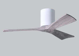 Matthews Fan IR3H-WH-BW-42 Irene-3H three-blade flush mount paddle fan in Gloss White finish with 42” solid barn wood tone blades. 