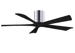 Matthews Fan IR5H-CR-BK-52 Irene-5H five-blade flush mount paddle fan in Polished Chrome finish with 52” solid matte black wood blades. 
