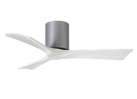 Matthews Fan IR3H-BN-MWH-42 Irene-3H three-blade flush mount paddle fan in Brushed Nickel finish with 42” solid matte white wood blades. 