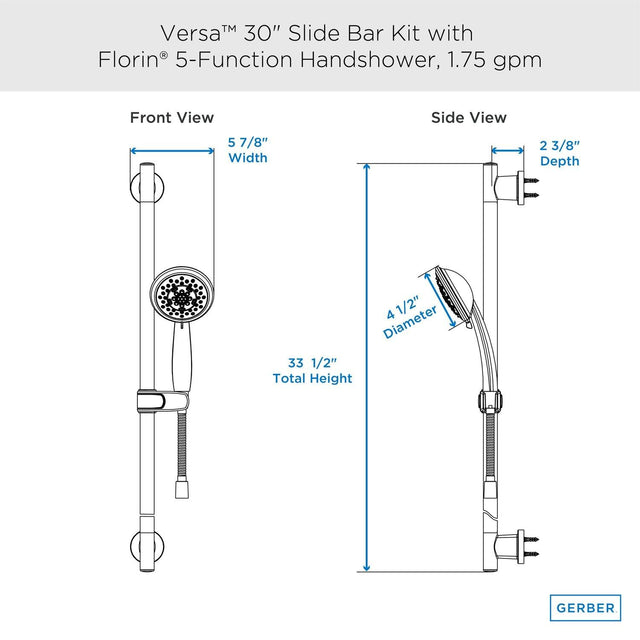 Gerber D461739 Chrome Versa 30" Slide Bar Assembly With Florin 5-function H...