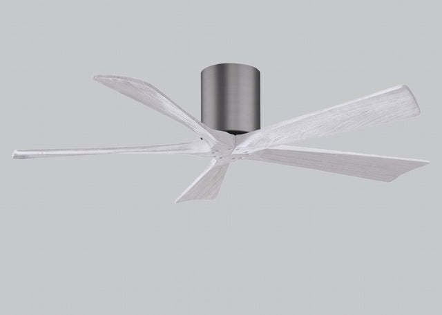 Matthews Fan IR5H-BP-MWH-52 Irene-5H five-blade flush mount paddle fan in Brushed Pewter finish with 52” solid matte white wood blades. 